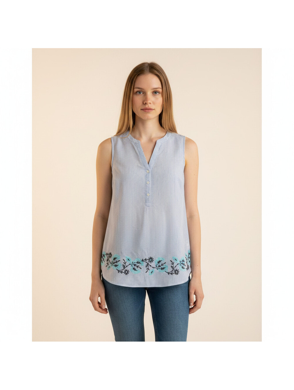 Croft & Barrow Blouse Women L Large Blue Striped V-Neck Embroidered Sleeveless